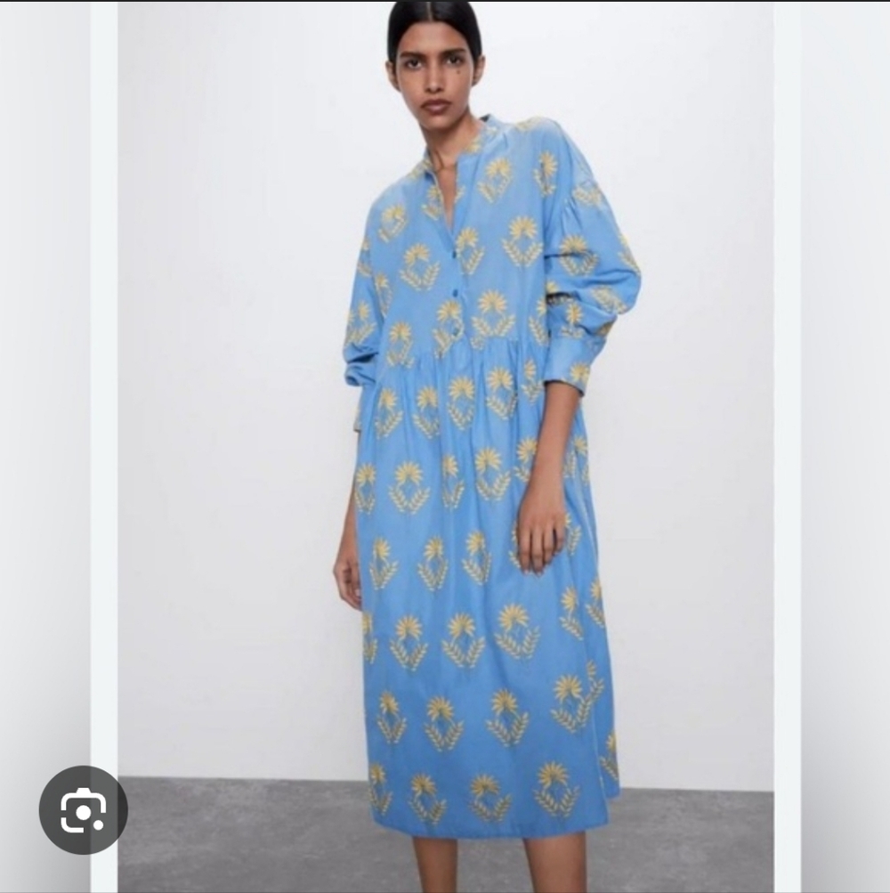 Zara Emroidered Floral Blue Dress